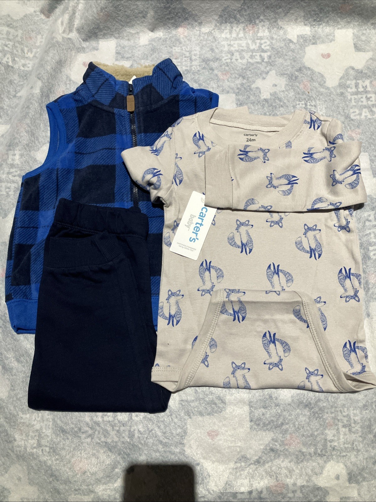 Carter’s Baby Boy 3pc Buffalo Fleece Vest Fox Bodysuit Pants Outfit 24 Month NWT