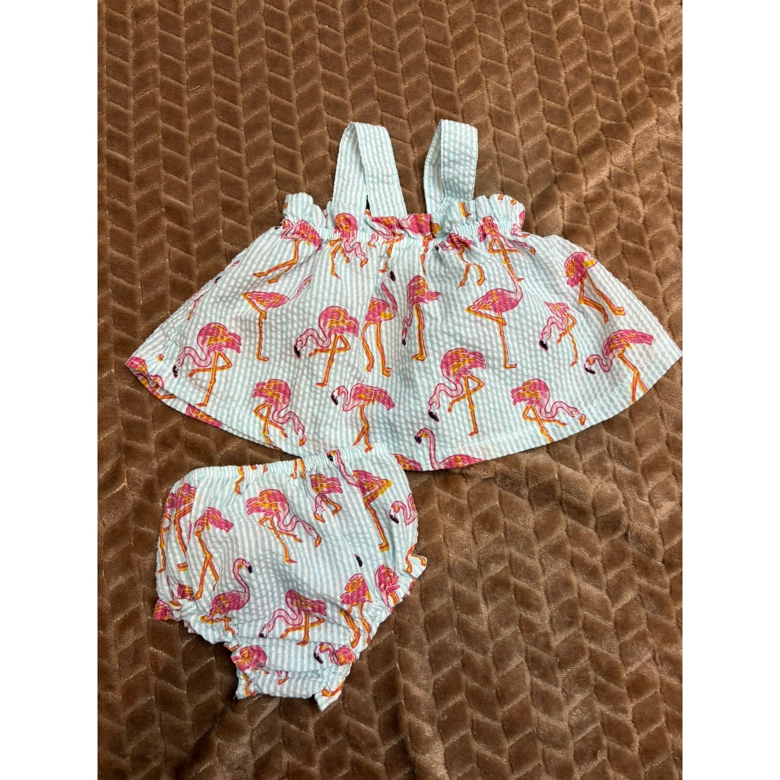 Mud Pie Flamingo Seersucker Top and Bloomers Set 0-3M Pink Blue Tropical Summer