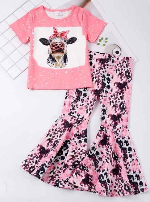 NEW Boutique Girls Pink Cow Print Bell Bottoms Outfit