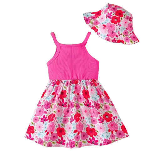 2Pcs Summer Baby Girl Dress Sleeveless Bow Flower Dress+Hat 0-3 Year Old Toddler
