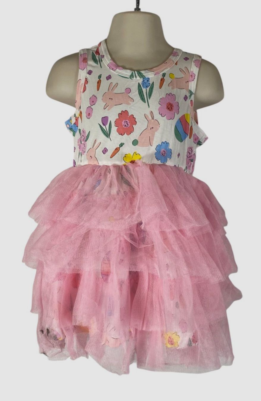 Angel Dear Baby Girl’s Pink Easter Bunnies Twirly Tank Tutu Dress & Bows Size 3T