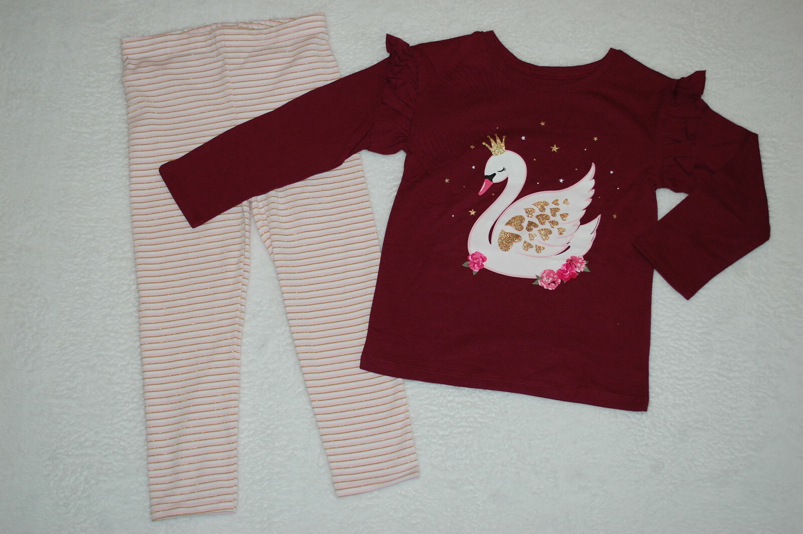 Toddler Girls BURGUNDY L/S SHIRT Glitter SWAN HEARTS FLOWERS Striped Leggings 4T