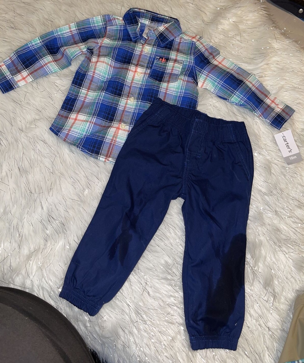 CARTERS BUTTON UP BLUE PLAID SHIRT AND PANTS BABY BOYS 2 PIECE SET 18M NEW