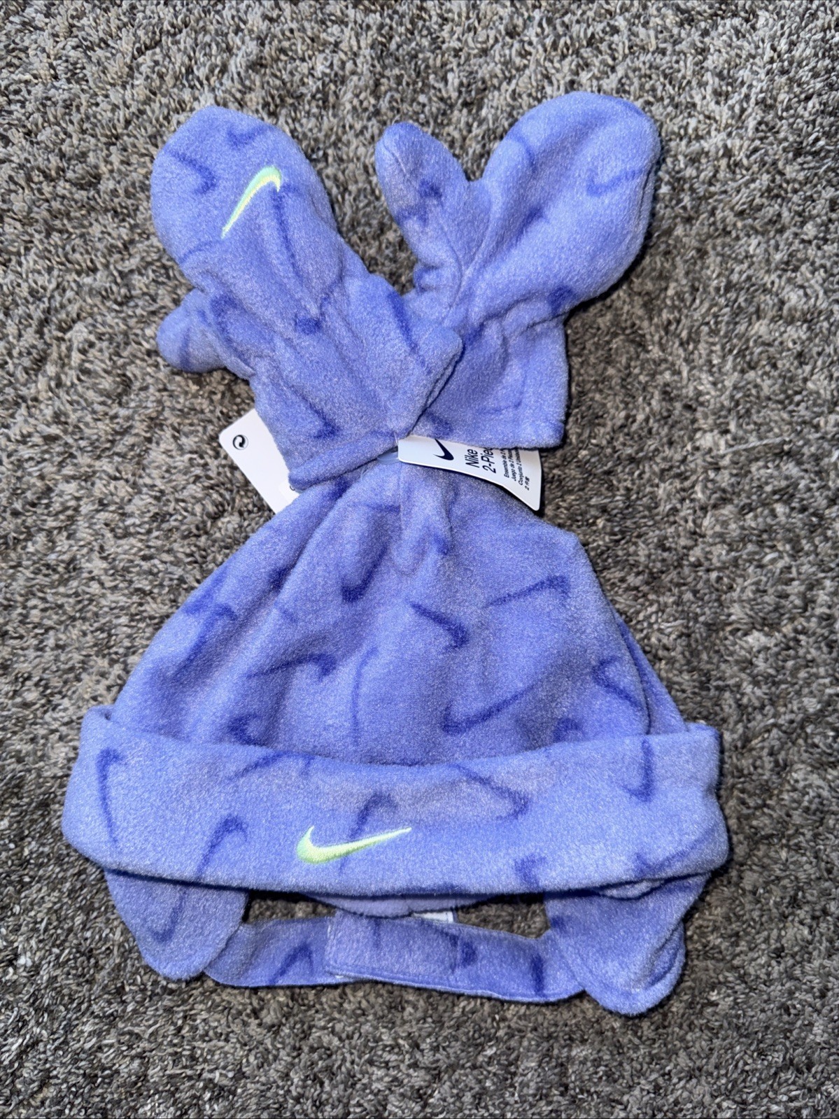 Nike Toddler Fleece Chin Strap Trapper Hat & Mittens 2 Piece Set Purple NEW