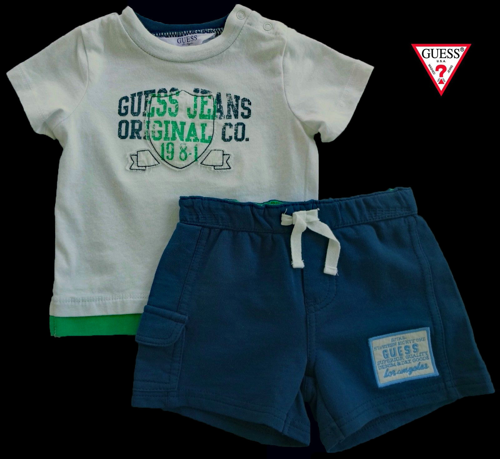 NWT GUESS JEANS Baby Boys Blue, Green & Off White Shorts Set(Size 3-6M) NEW