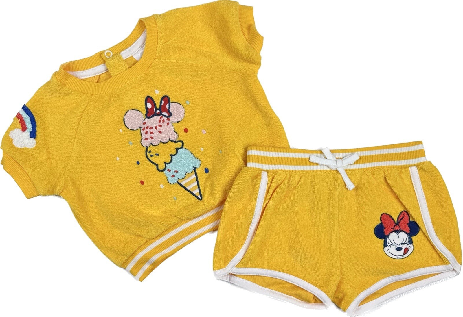 Disney Baby Yellow Short Sleeve French Terry Ice Cream Minnie Top Shorts 3-6 MO