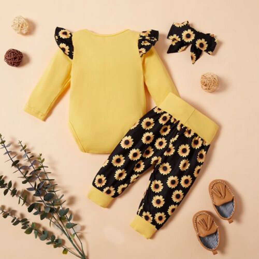 Infant Baby Girls Clothes Ruffled Long-sleeved Romper Printed Pants Clothing Set