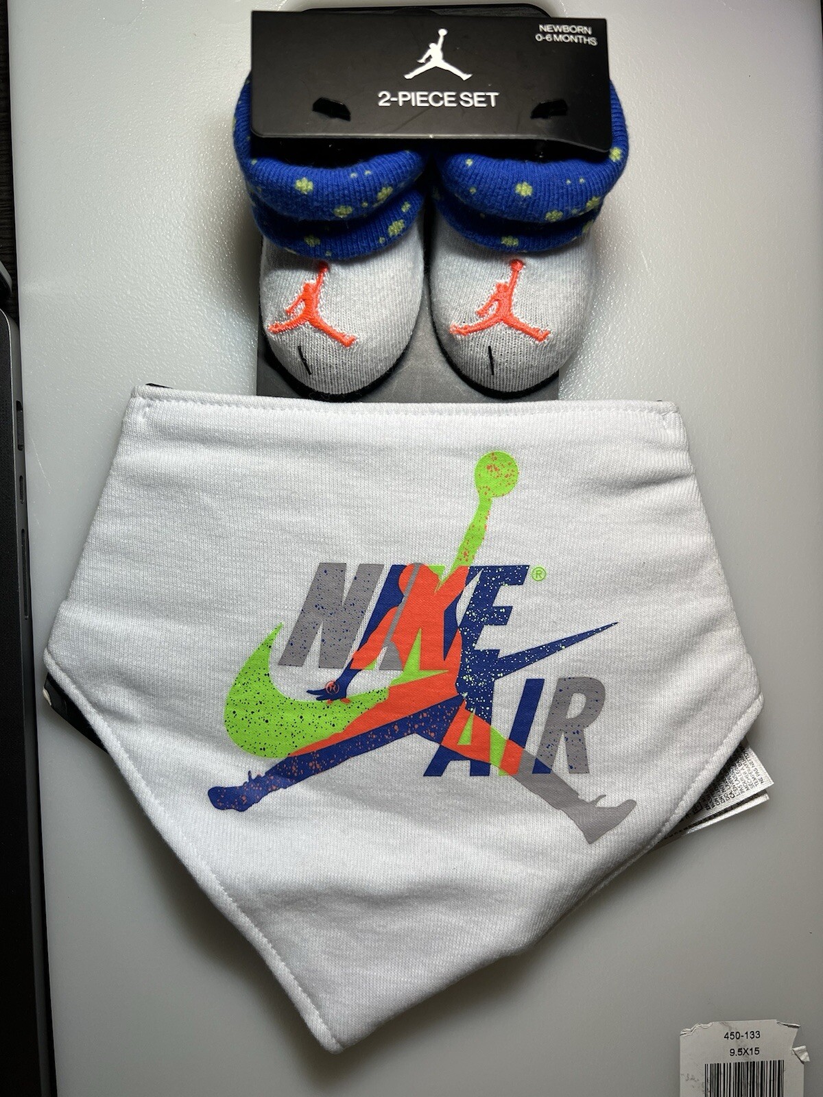 Nike Baby White Blue Cotton Cuffed Jumpman Jordan Bandana Bib Booties Set 0-6 MO