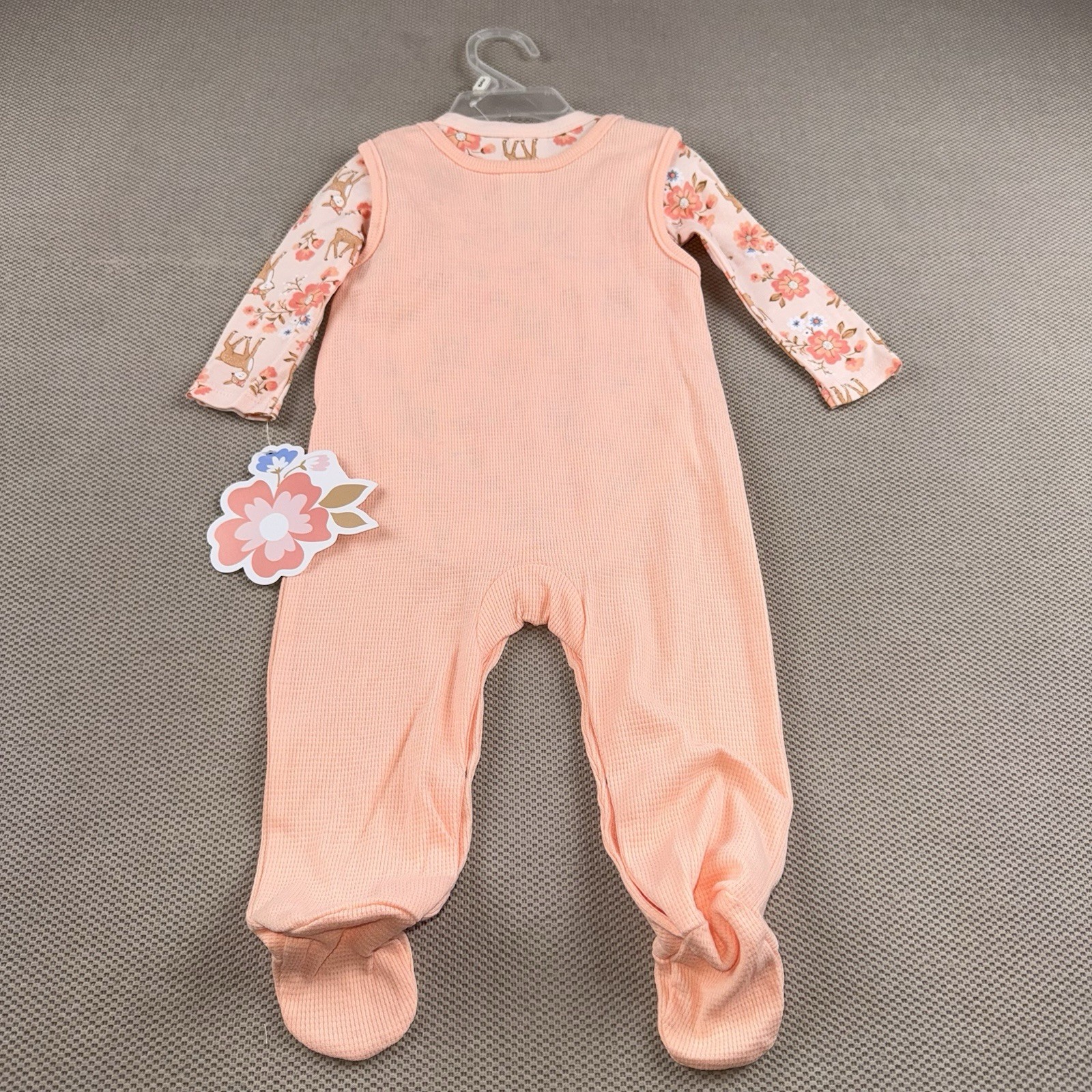 Little Beginnings 2 Piece Set Baby Girl 3-6months Peach Overalls, Deer & Flowers