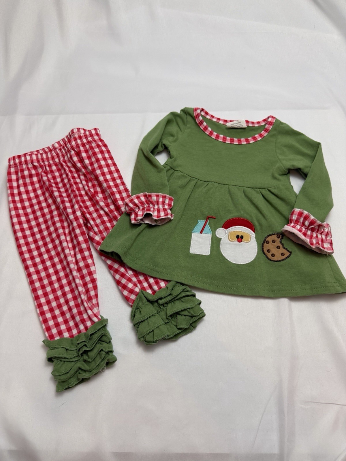 Girls 3-6M 2pc Christmas Santa Tunic & Gingham Pants Ruffle Baby