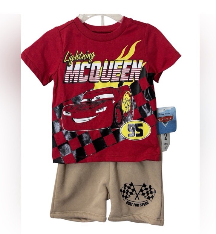 Disney Pixar Cars Lightning McQueen 2 Piece Shorts Set Red Beige Outfit 12M