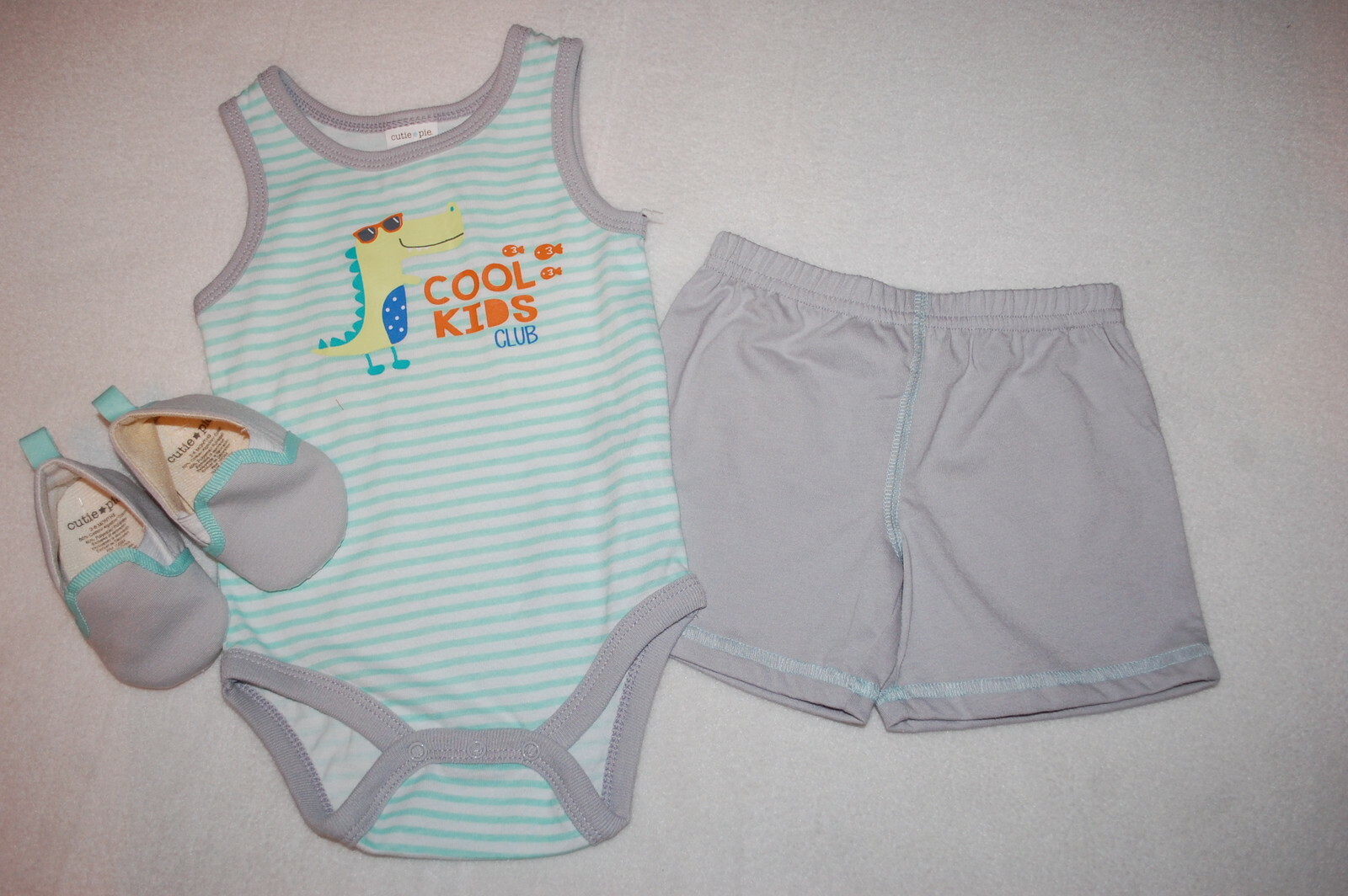 Baby Boys 3 PC SET Mint Tank Top ALLIGATOR Gray Shorts, Fabric Shoes 6-9 MO