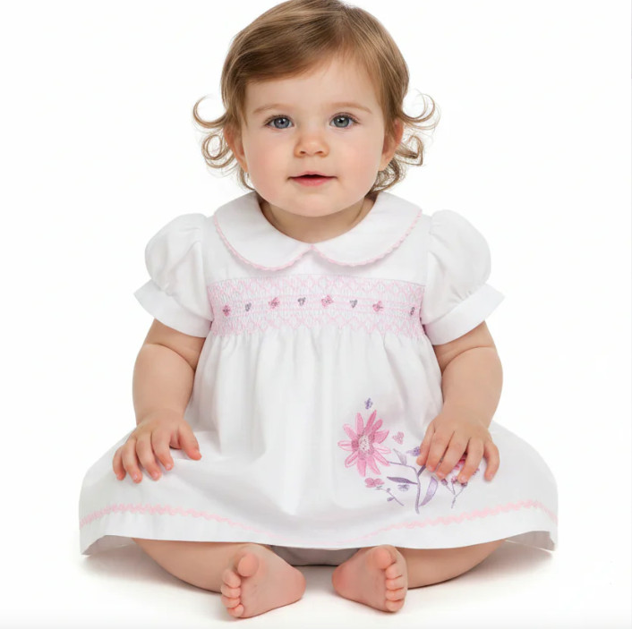 Baby Girl Pink Dress 3pcs Set Bow Headband Knickers Bow Flower Embroidery NB-3-6