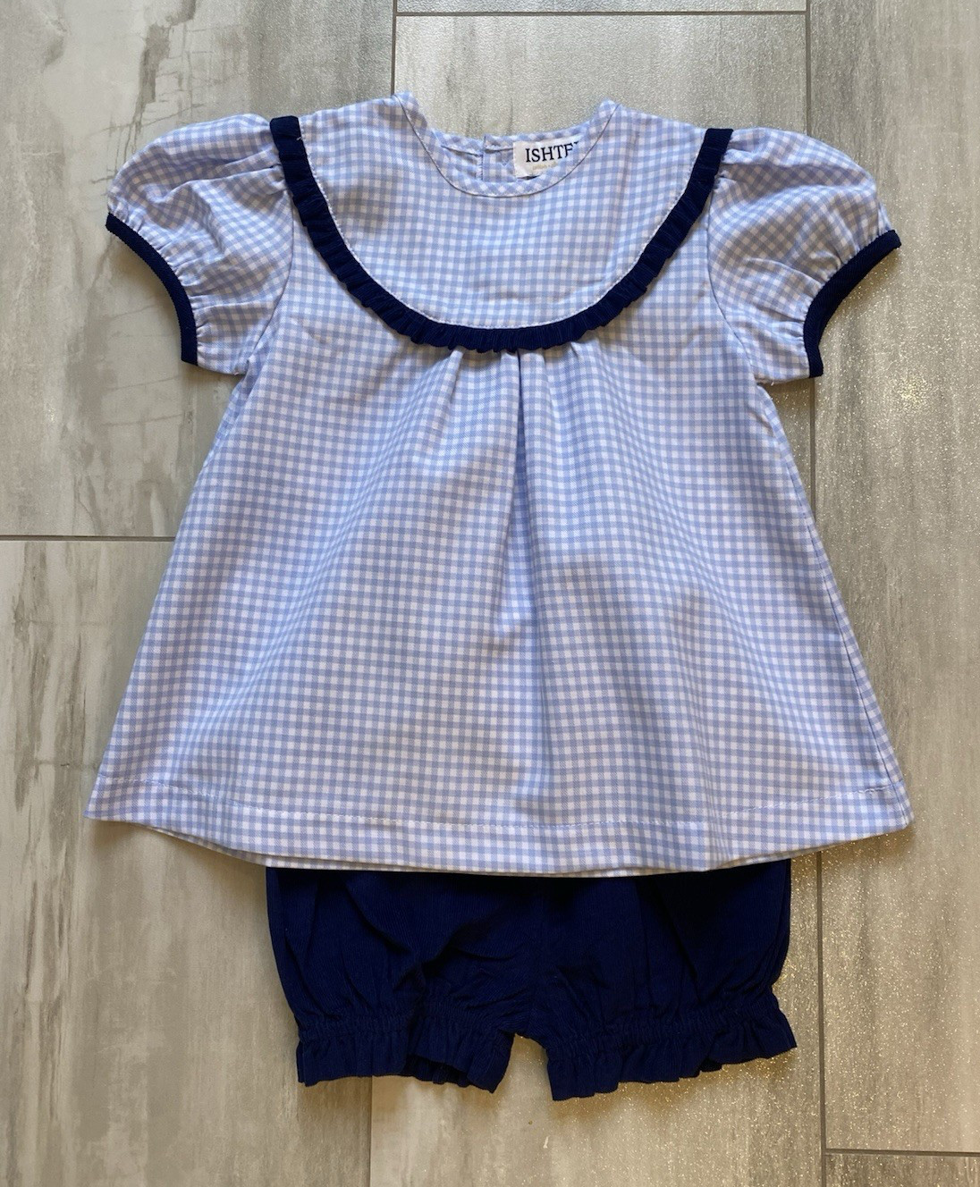 New! Ishtex Blue Check Shirt With Matching Navy Blue Corduroy Bubble Shorts, 24M