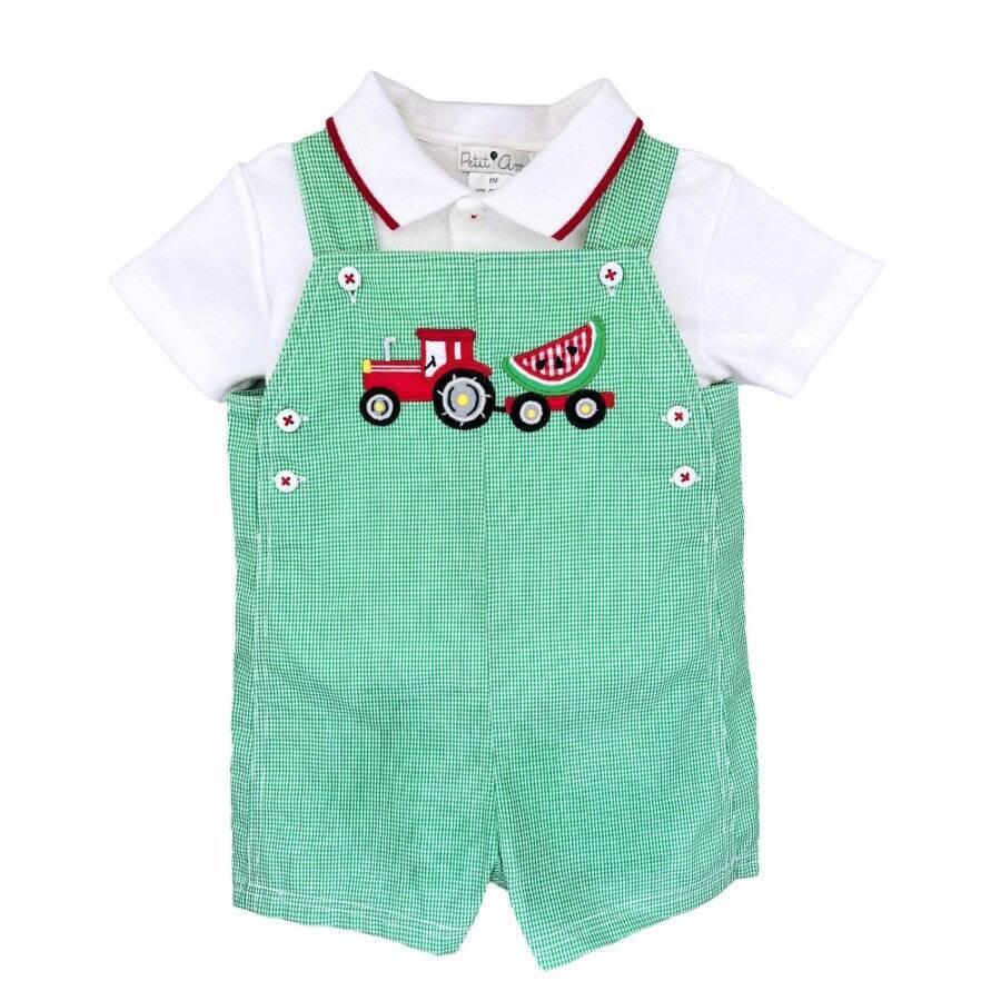 Petit Ami Green Check Tractor Watermelon Applique Shortall Set 12 18 24 Months