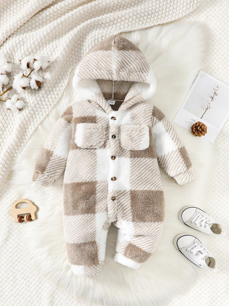 Baby Boys Girls Plaid Romper Hooded Long Sleeved Plush Jumpsuit Winter Warm