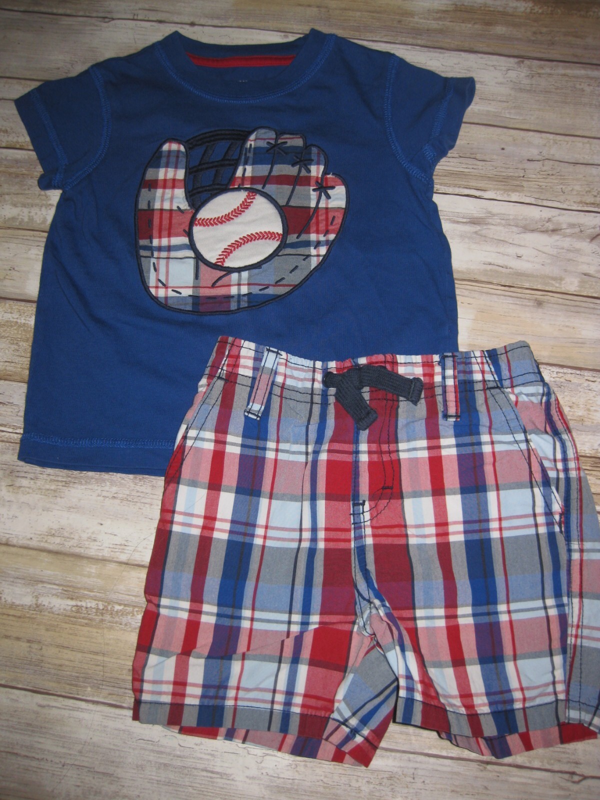 Gymboree Boys 12 18 Months Opening Day Baseball Glove Shirt, Plaid Shorts Set