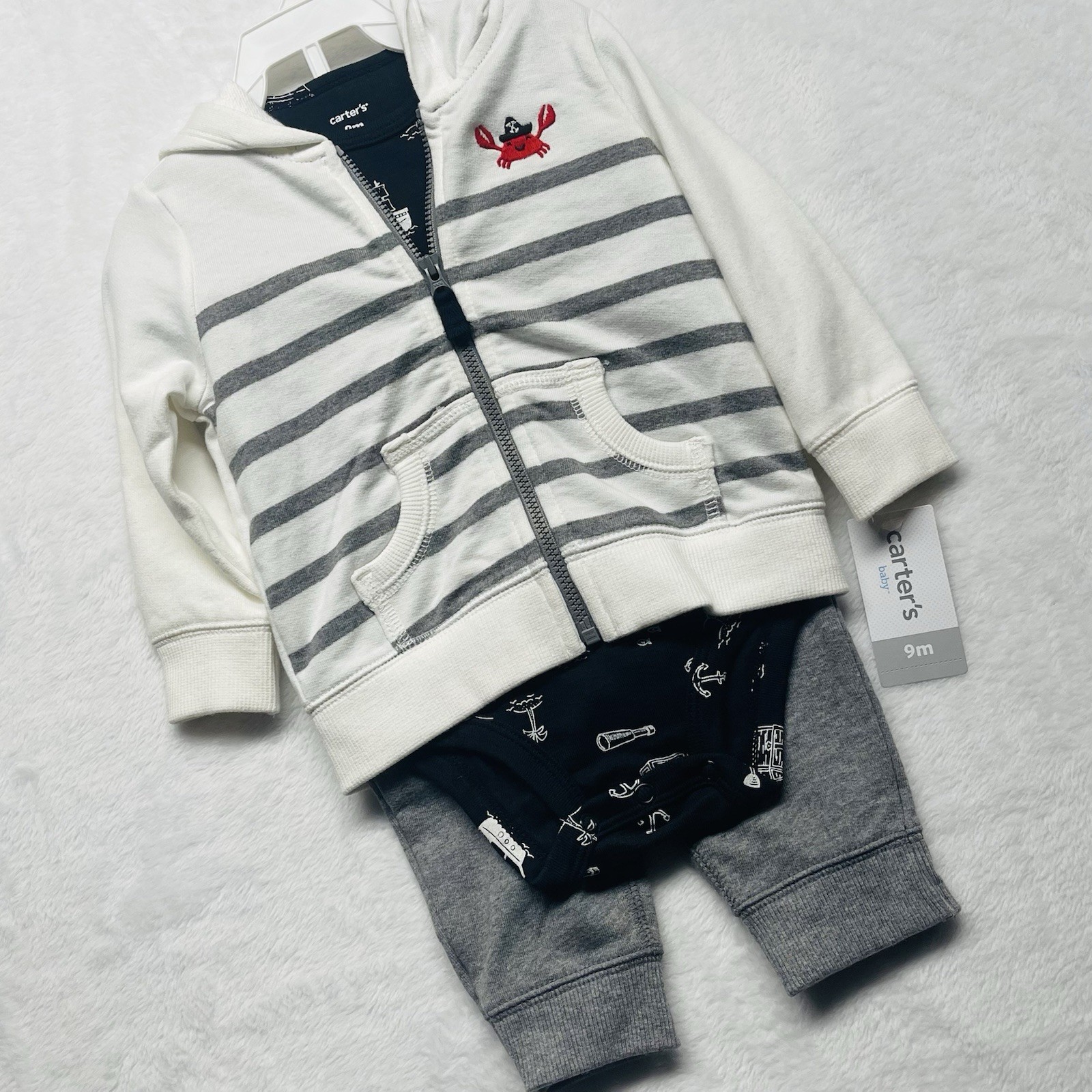 Carter’s Baby Boy 3 Piece Crab Striped Zipper Hoodie Bodysuit Joggers Size 9M