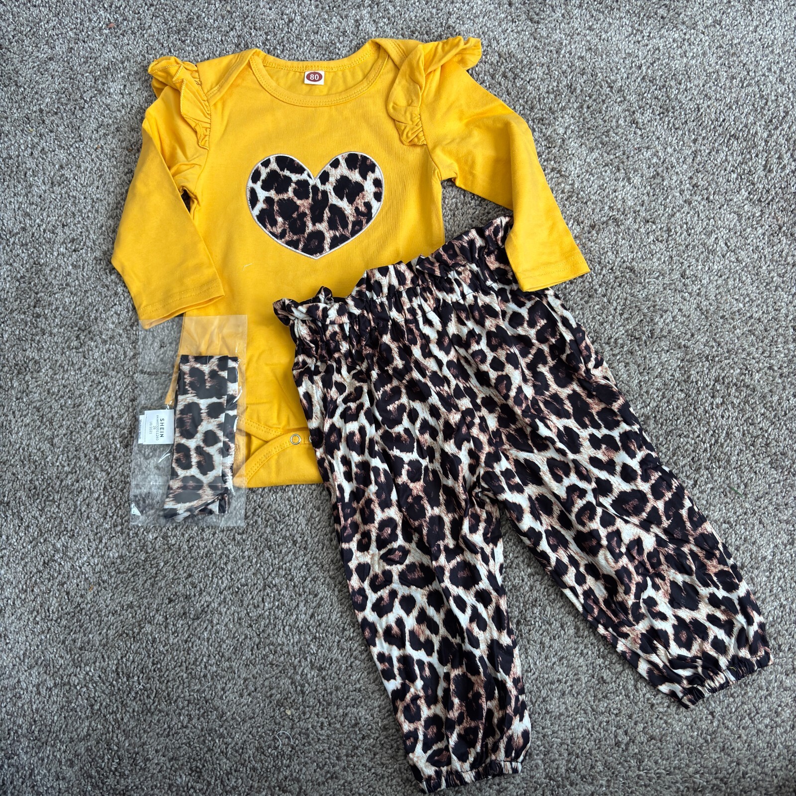 Infant Leopard Print Heart Ruffle High Waist Pant Set w/Headband12-18mos.