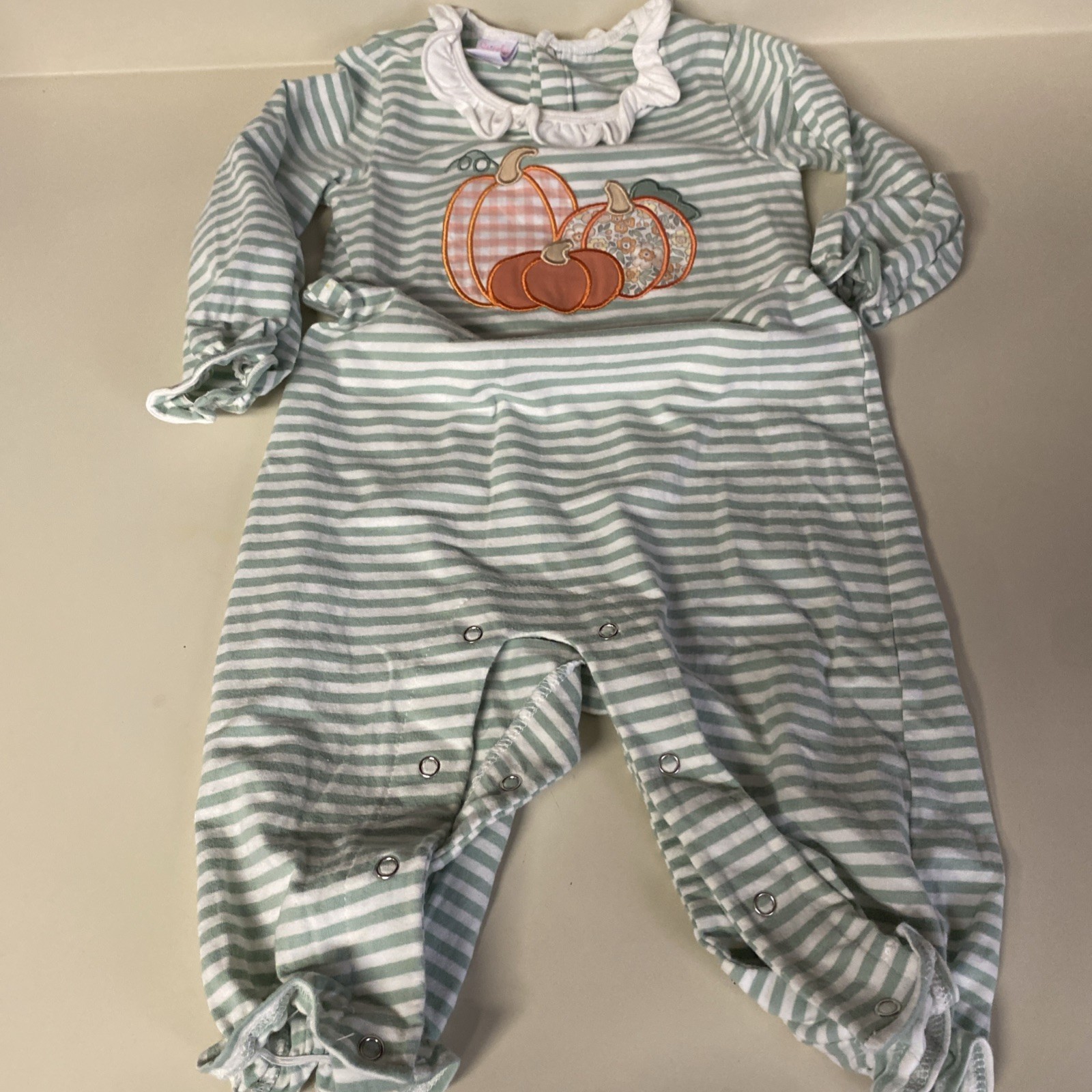 Stitchy Fish Green Stripe Fall Romper Sz 24 Months Pumpkin Patch