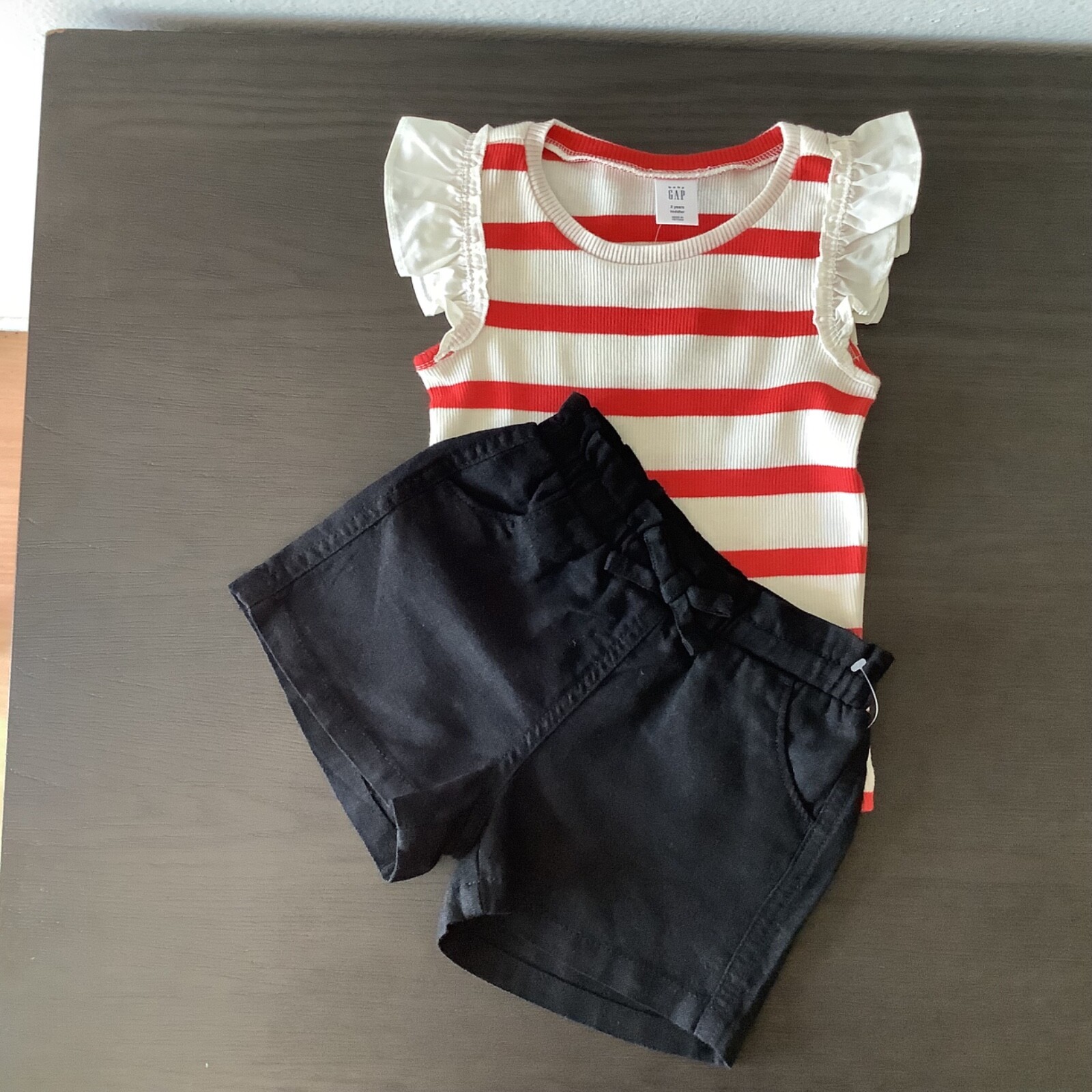 NWT Girls Old Navy Outfit Black Shorts & Baby Gap Red Striped Top Size 2 Bundle