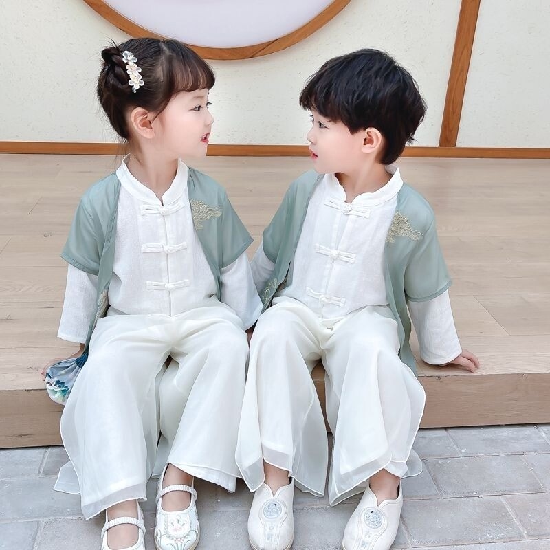 2Pcs Boys Girl Tang Suit Chinese Traditional Embroidery Hanfu Kids Costume