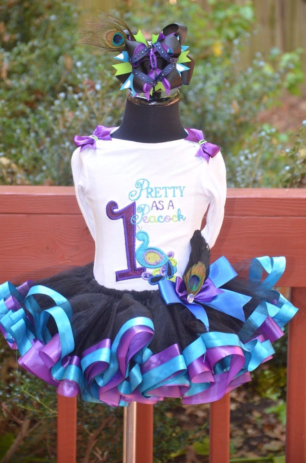 Pretty as a Peacock Ribbon Trim Tutu Outfit set Black/Turquoise/Purple 6m – 4T