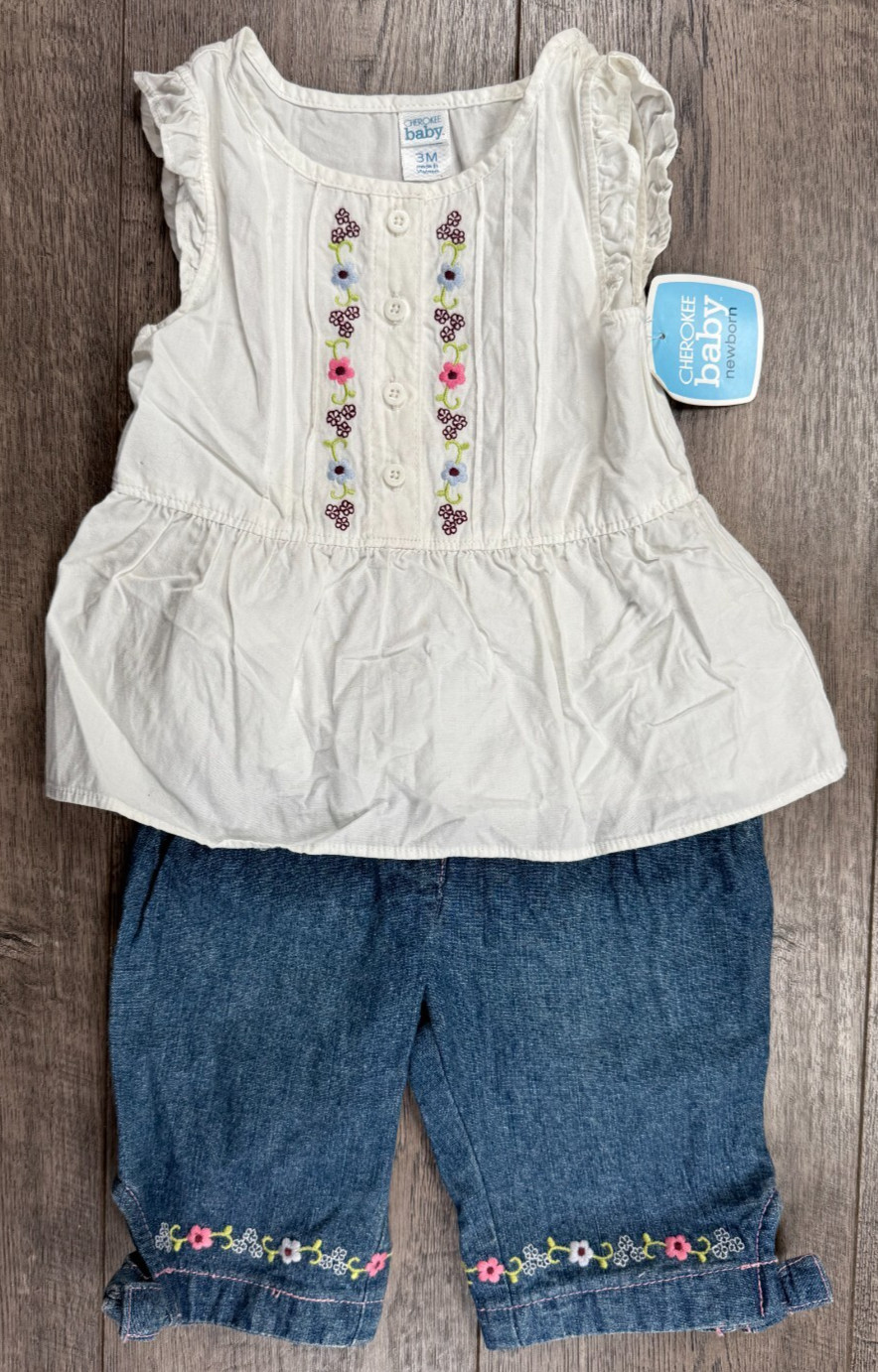 Baby Girl Clothes New Cherokee 3 Month 2pc Ruffle Top Elastic Back Jean Outfit