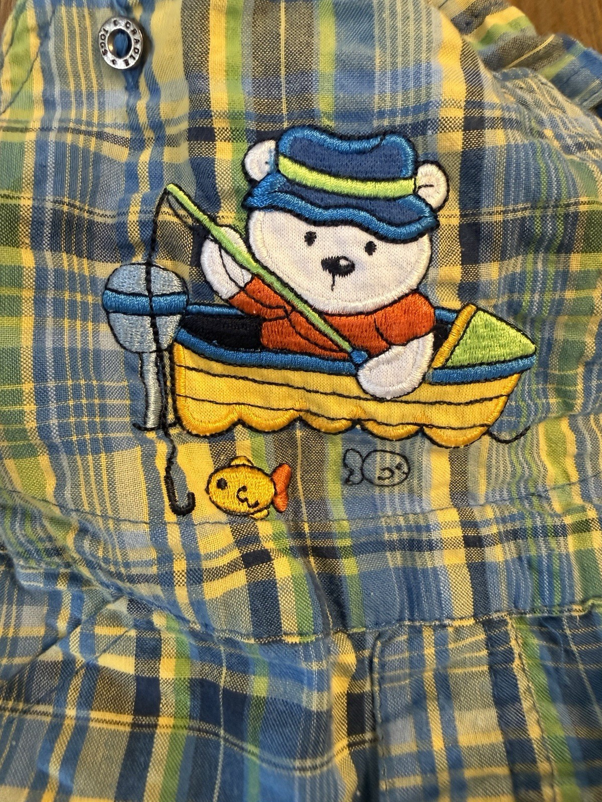 Vintage Cradle Togs Baby Boy Outfit Bear Fishing Plaid Overalls With Hat 3-6 Mo