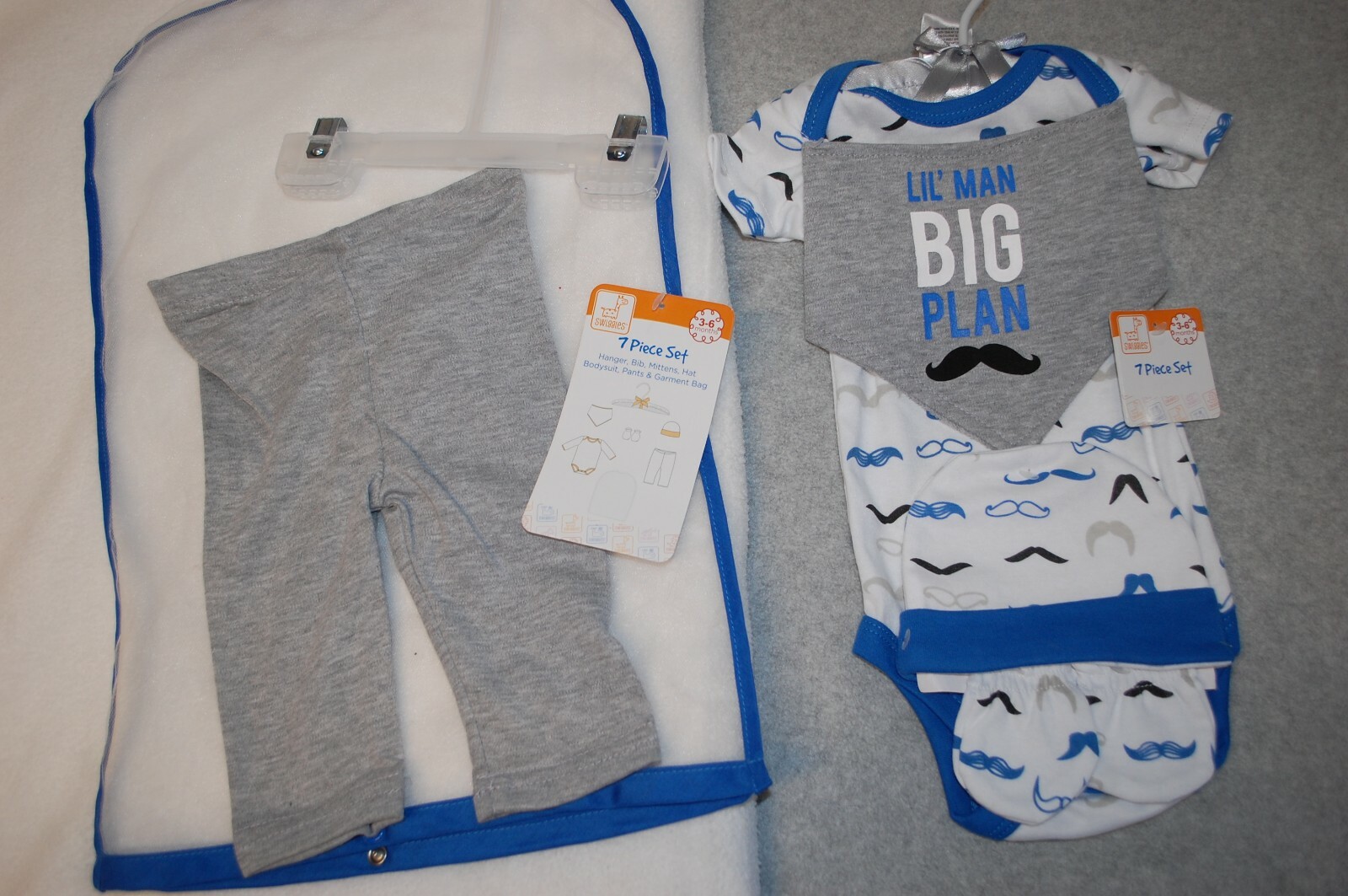 Baby Boys Outfit 7 PC SET Gray Blue White LIL MAN BIG PLANS Mustache 6-9 MO