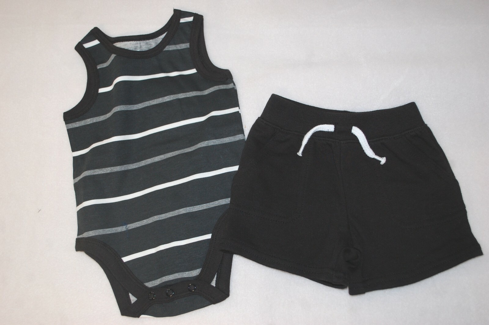 Baby Boys Outfit BLACK WHITE GRAY STRIPED TANK TOP Bodysuit SHORTS Sz 3-6 MO