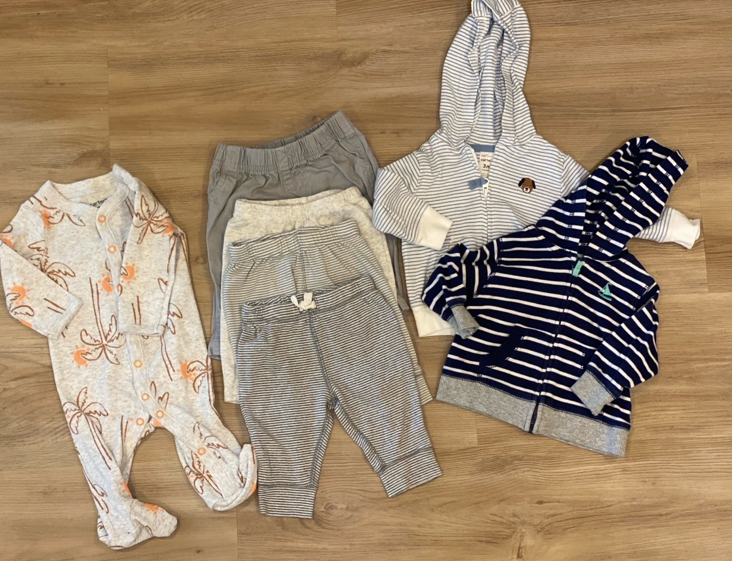 Carter’s Boys 3M Lot Hoodie Pants Sleeper Neutral Blue Gray Brown Striped Bundle