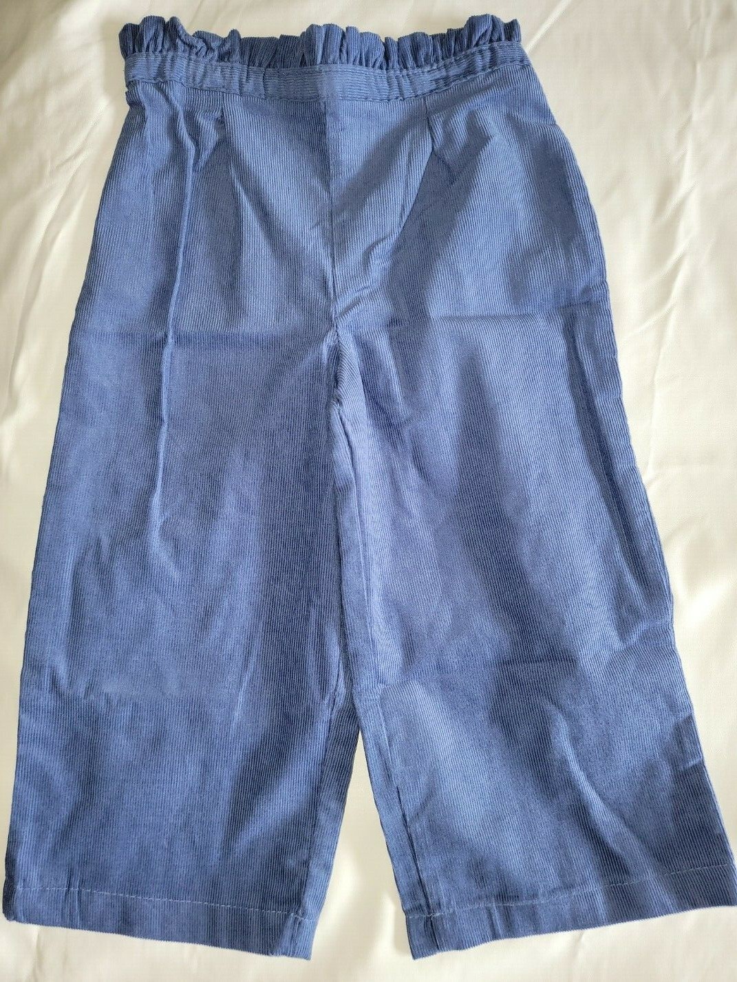 Girl’s 2Pc Outfit Blue Corduroy Wide Leg Pants Striped Ruffle Collar LS Top
