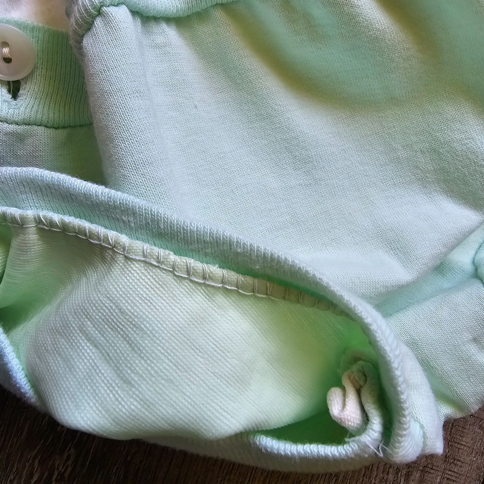 Vintage Baby Outfit Romper Small Beige Green Shirt Rubber Pants Embroidered Lamb
