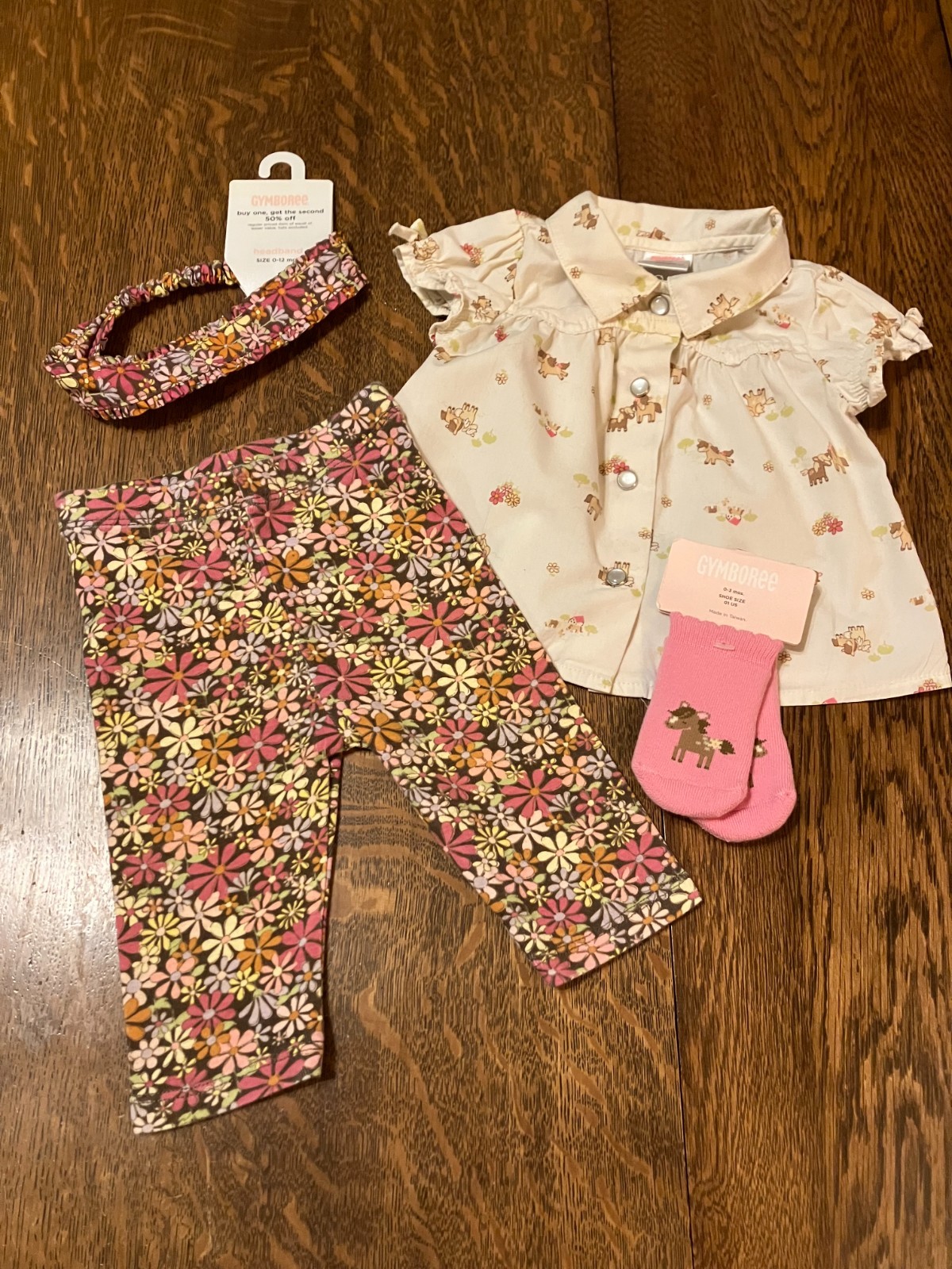 Vtg Gymboree Pony Ranch pearl snap cowgirl shirt leggings sock headband 0-3