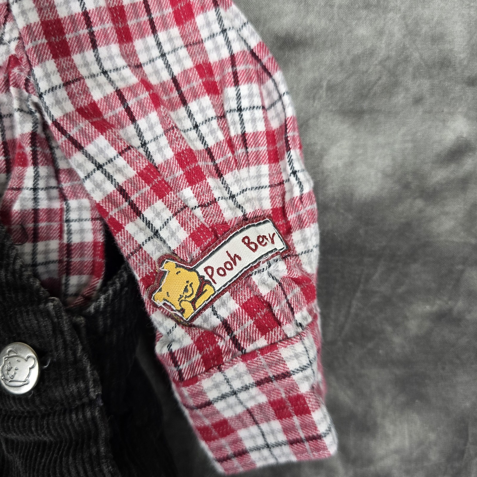 Vintage Winnie the Pooh Overalls Shirt Set Sz 12M Corduroy Disney Flannel Plaid