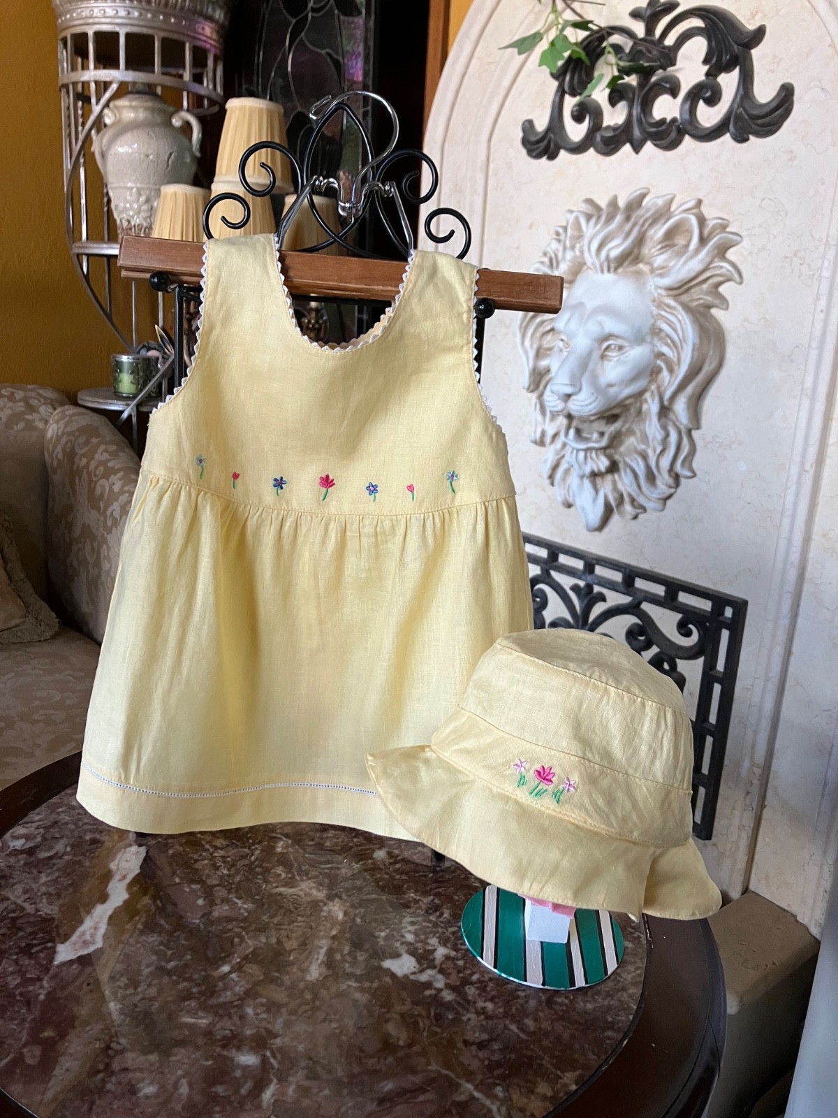 Vtg Gymboree 1999 Spring Safari NWOT linen 6-12 yellow dress hat w bow