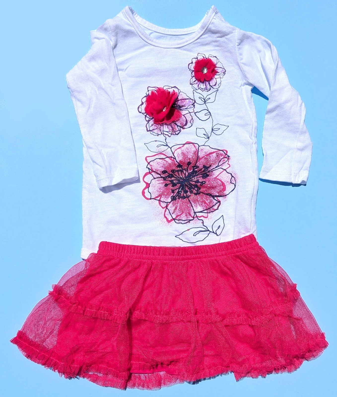 Arizona Jean Co Baby Girl 6-9M 6-9 Months LS Floral Bodysuit Tulle Skirt Outfit