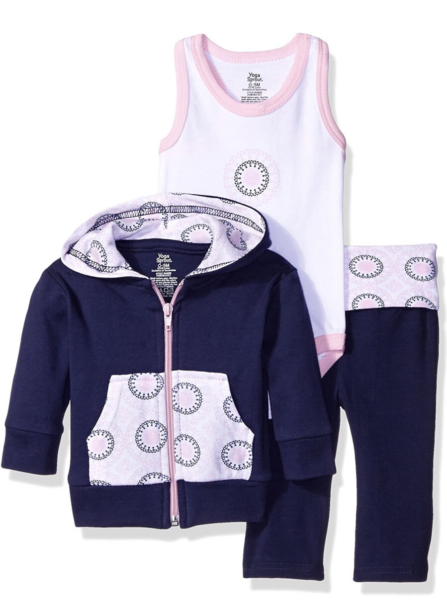 Unisex cotton sweatshirt with hood, bodysuit or t-shirt, and pants. 3 Pieces.