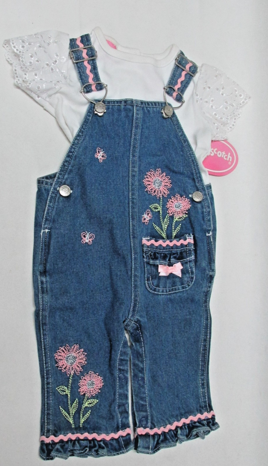 Hopscotch Stitched Flowers & Butterfles Denim Bib Overalls & Shirt ~ Size 3-6 mo