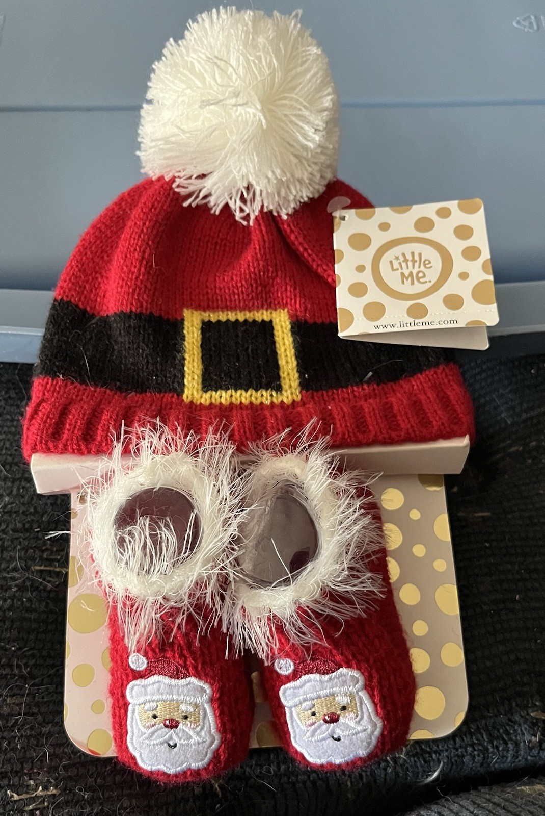 NWT! Little Me Santa Knit Baby Pom Pom Hat and Sock Booties 0-12 months