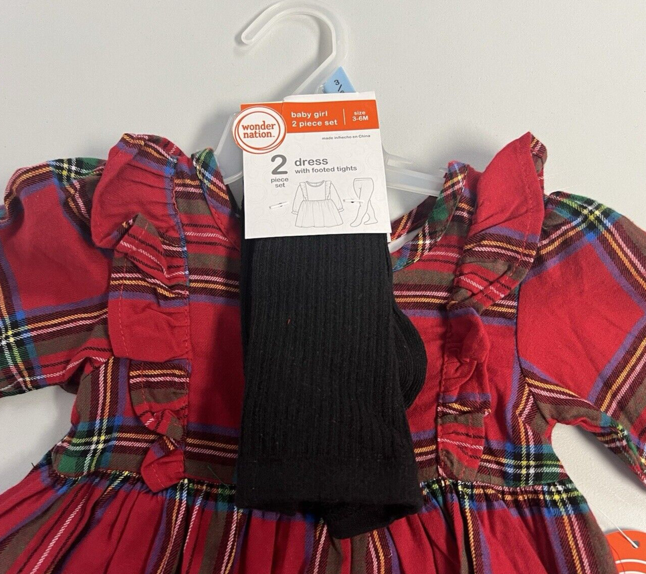 Girls Size 3-6M 2-Piece Red Plaid Dress & Black Footed Tights Set Outfit