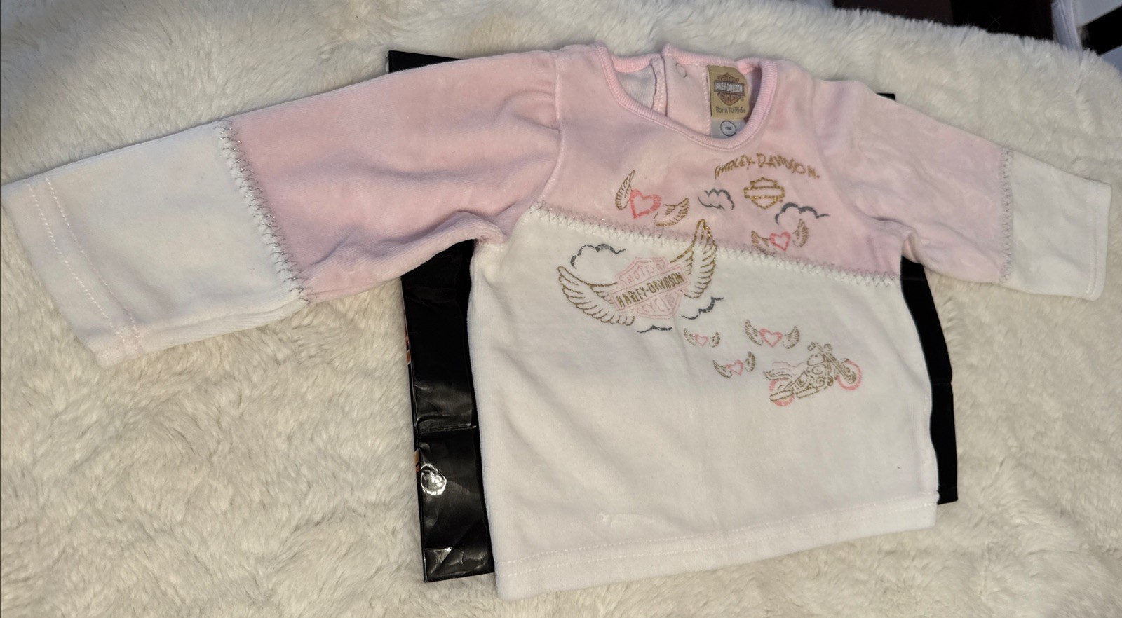 Harley Davidson 12 Month Girl Baby Pink Velour Long Sleeve Top