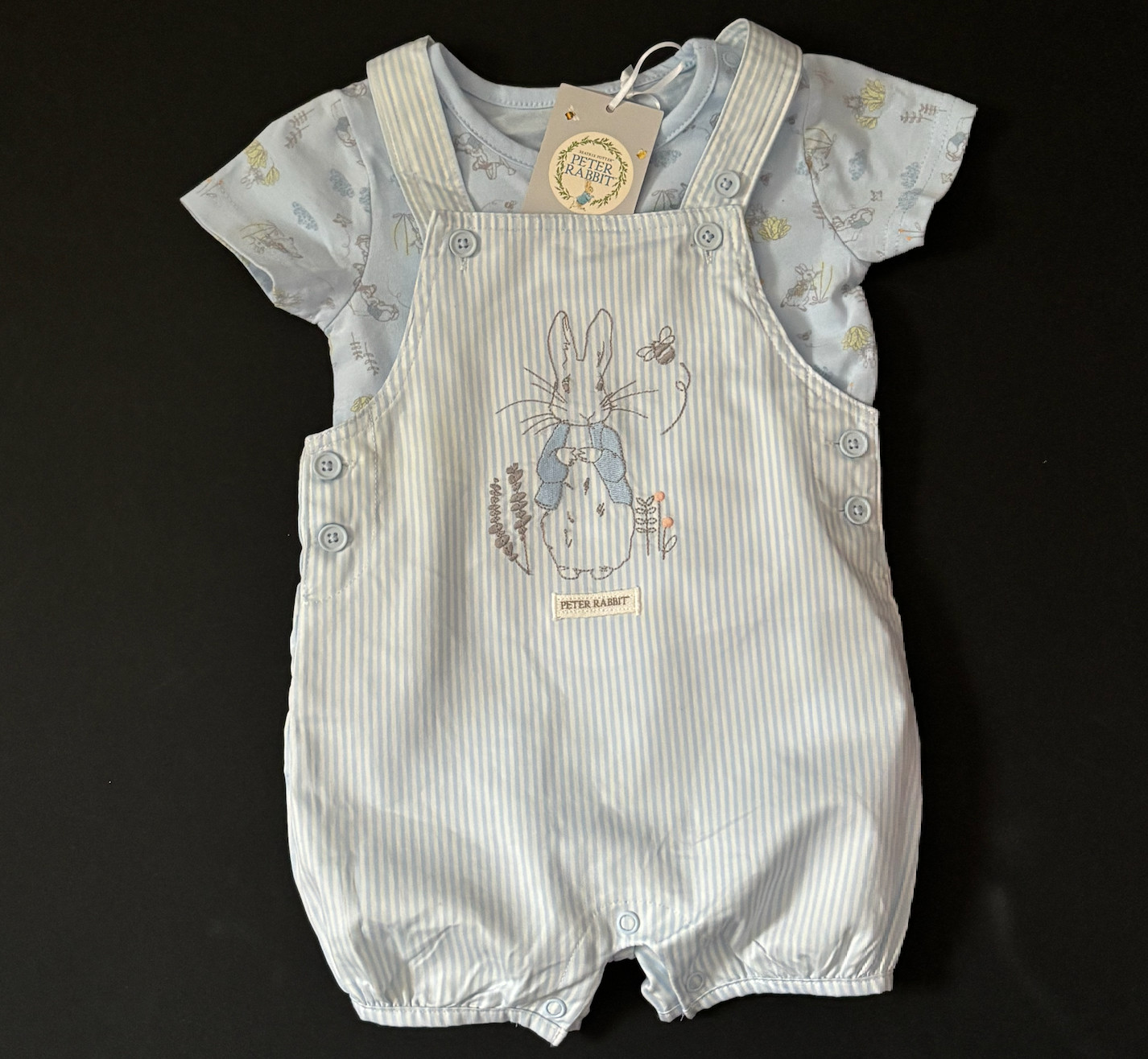 Baby Boys Peter Rabbit Blue Stripe Dungaree Set 6/9 Months