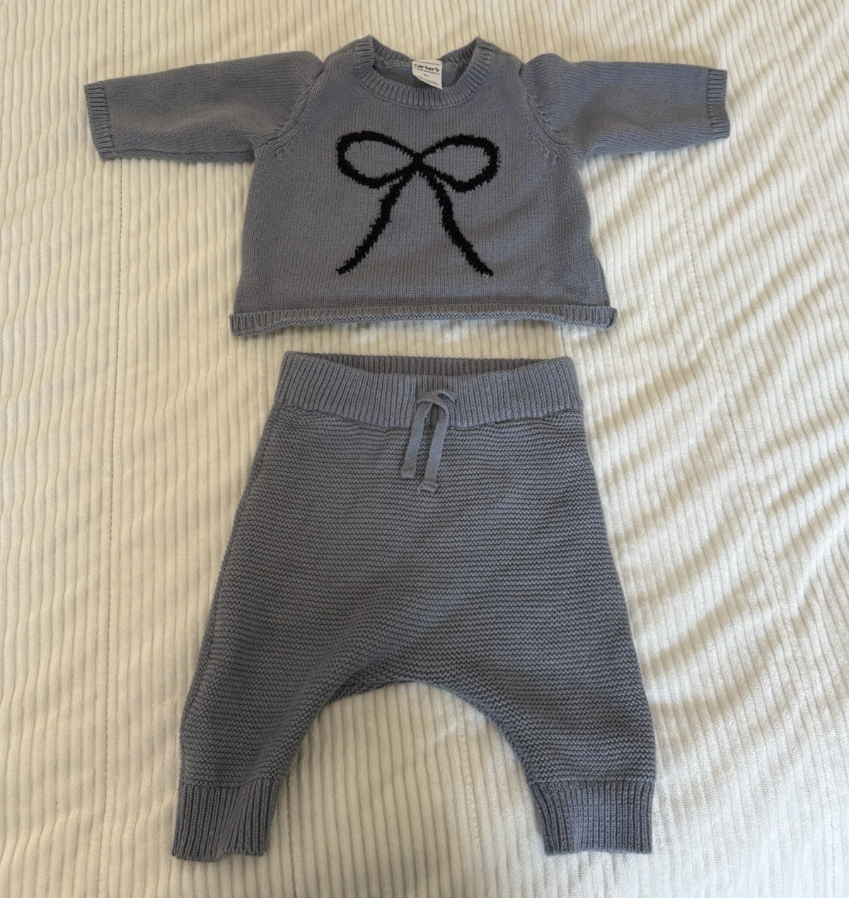 Carter’s Baby 2pc Gray Knit Sweater & Pants Set Black Bow Long Sleeve 3M