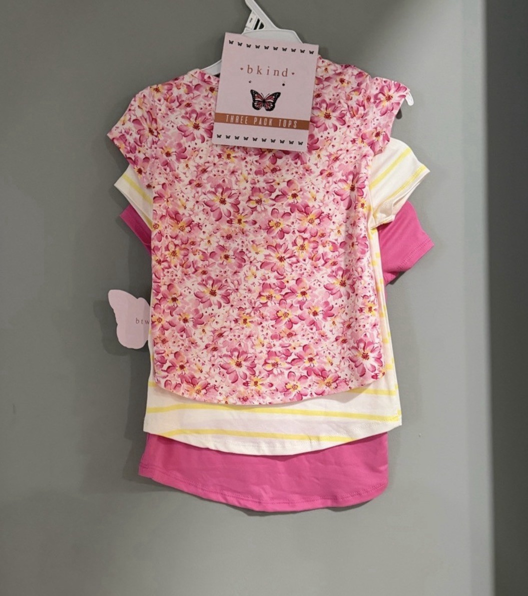 bkind Girls 3 Piece T-Shirt Set Pink Yellow Floral Striped Short Sleeve