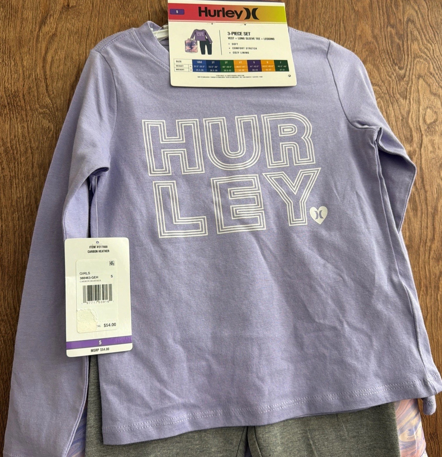 New! Girl’s Hurley 3pc Shirt Vest Pants Outfit Size 5T