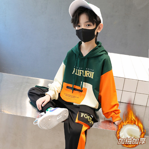 2PCs Children Clothing Fashion Patchwork Hooded Letters Print Sportswear Outfits
