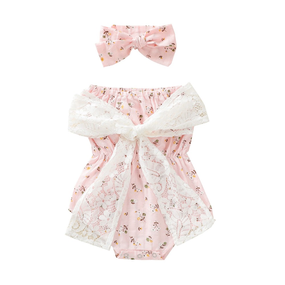 Newborn Infant Girl Floral Off Shoulder Romper Lace Jumpsuit Headband Outfit Set