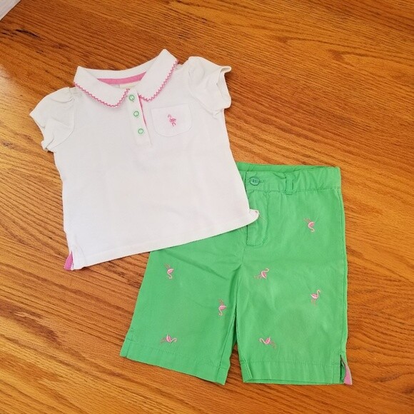 Jillian’s Closet Girls Outfit 12M Green Pants White Top Pink Flamingo Embroidery